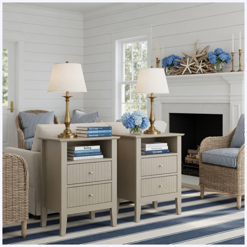 Set of 2 18" Fluted 2-Drawer Nightstands, Modern Beige Bedroom Bedside Tables, Sofa Side End Tables with Storage, Set of 2