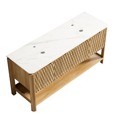 Armoire autoportante de 60 po avec 4 portes et tablette, surface en pierre frittée blanche, chêne brun, contreplaqué de haute qualité, panneaux de porte 3D, pierre à ouverture douce à double fermeture en douceur, finition, silencieux