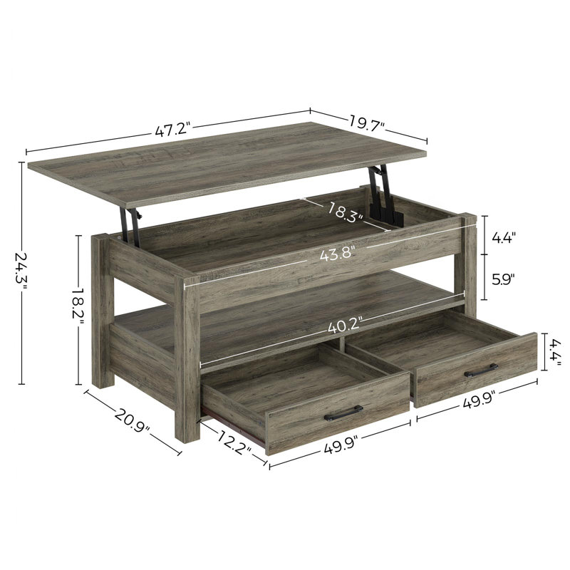 Eoghan Lift Top Coffee Table with 2 Drawers, Washed Oak, 18.9" H x 47.2" L x 23.6" W