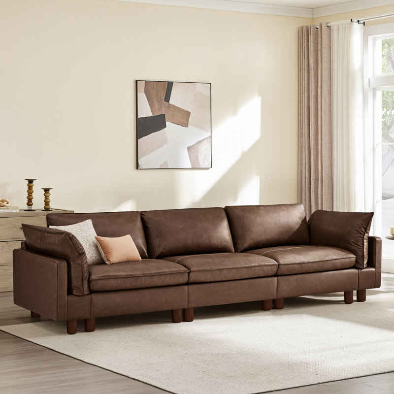 Solena 126.8" W 3-Piece Top Grain Leather and Polyurethane Modular Sofa, Light Brown