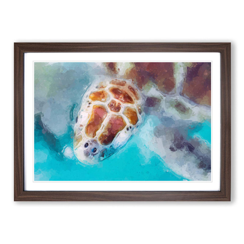 Green Sea Turtle in Abstract - Picture Frame Graphic Art Print on MDF, 48cm H x 65cm W x 2cm D, Walnut Framed