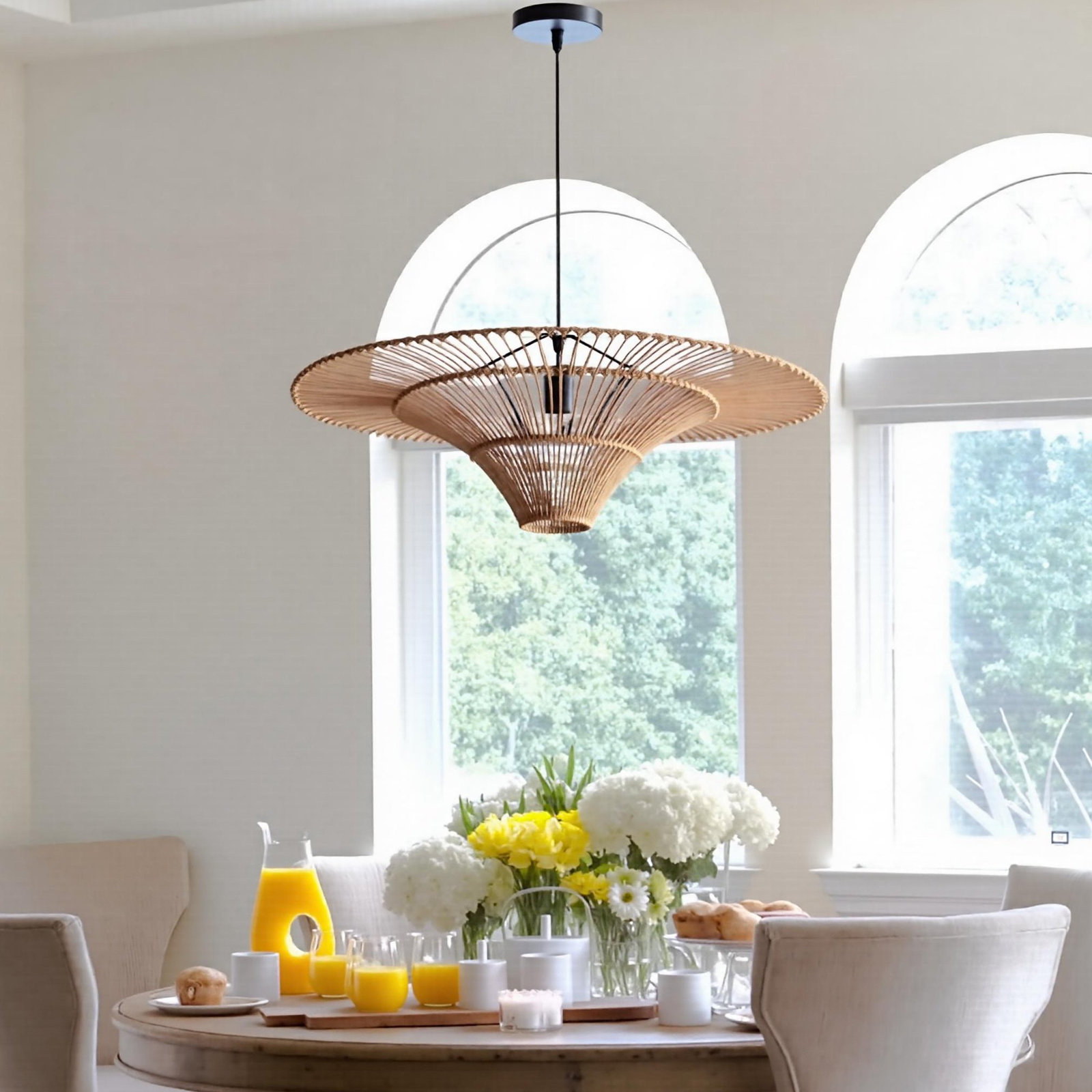 Dimmable Rattan Single Light Pendant, 7.87'' H x 23.62'' W x 23.62'' D