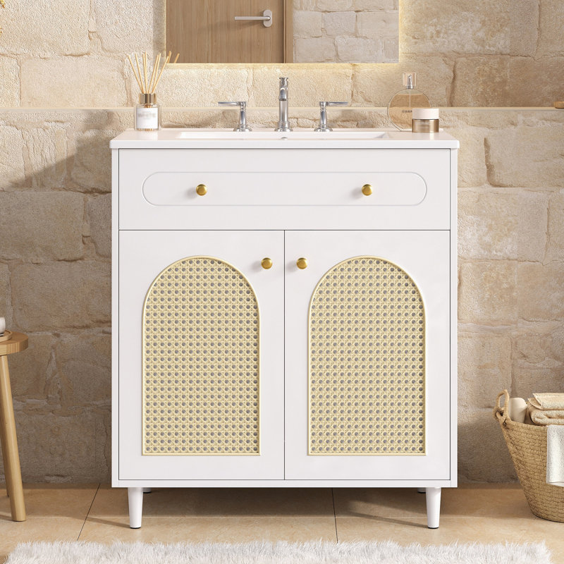Meuble-lavabo de 30 po avec lavabo en céramique, meuble-lavabo à cadre en bois massif avec tablette réglable, tiroir à bout, panneaux avant en rotin