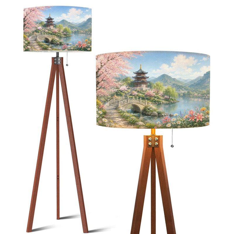 Lampe sur pied Tripod Cherry Blossom Garden Pagoda Stone Bridge by Serene Lake, Taille 6: 17,5 po x 59,3 po, Color6