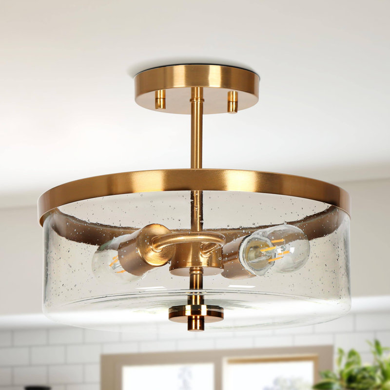 2-Light Gold Semi-Flush Mount Ceiling Light with Seeded Glass Shade