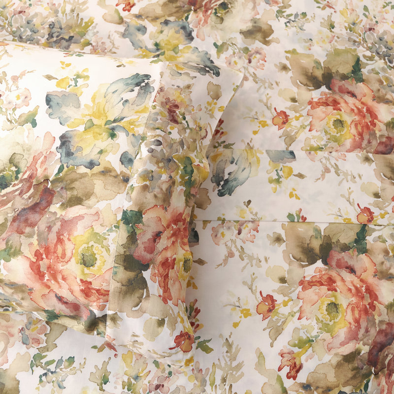 Eucalyptus Red Cream Green Floral Garden Botanical Rose Print  Classic Chic Casual Sheet Set