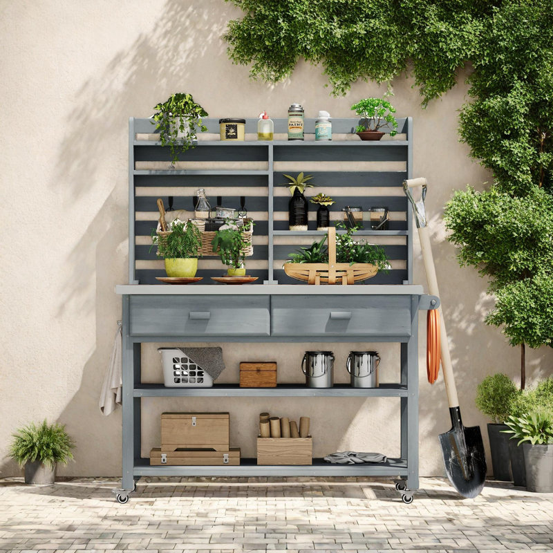 Solid Wood Outdoor Kitchen Island with Upper Hutch, Gray Blue