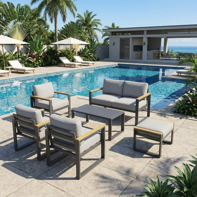 6-Piece Outdoor Patio Conversation Set with Coffee Table, Seats 6 – Gray Metal Sectional Sofa for Garden, Deck, Balcony, or Backyard
