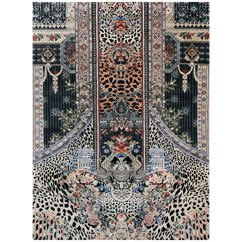 High-Quality Hand-Knotted Black And Multi Area Rug, Rectangle 9' x 12'