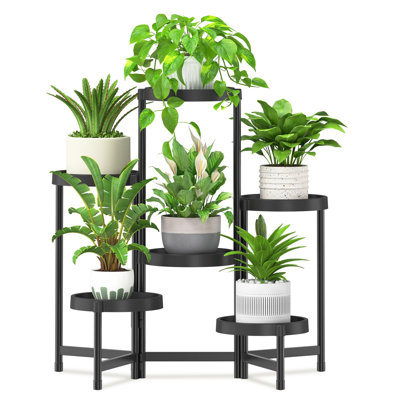 Folding Plant Stand Indoor Outdoor With Plastic Tray, Tiered Corner Flower Holder Shelf, Metal Orchid Display Rack, 6 Tier, ()