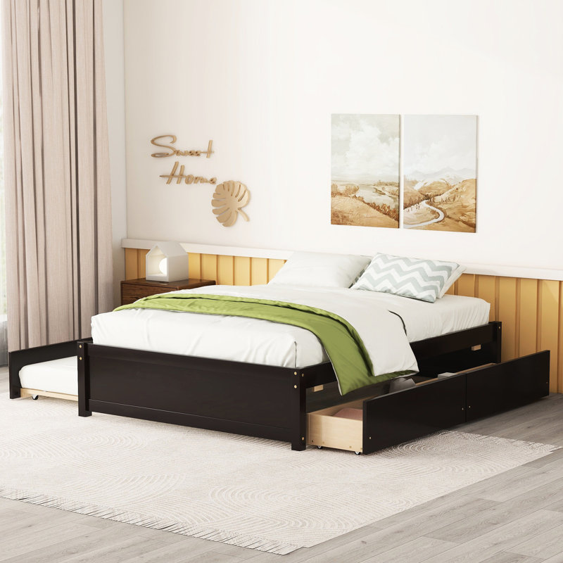 Lit double pour chambre à coucher avec lit gigogne et tiroirs - Bois massif, structure fiable pour lit simple 2 po Optimize