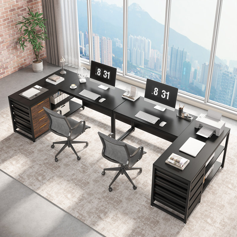 59" L-Shaped Computer Desk for Home Office, Small Space Corner Desk with 4 Drawers, Black/Brown