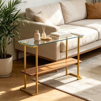 Console moderne en verre de 43 po avec tablette de rangement, table d'entrée en métal doré, table de canapé étroite pour le couloir, le salon et le vestibule