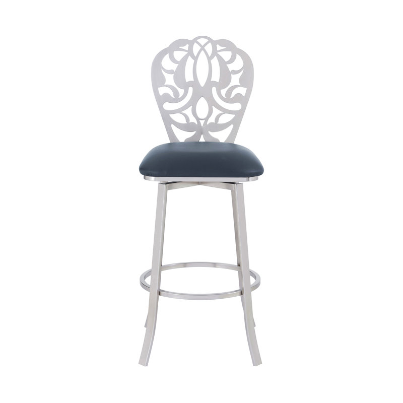 Contemporary 30" Bar Height Barstool In Brushed Stainless Steel Finish And Gray Faux Leather