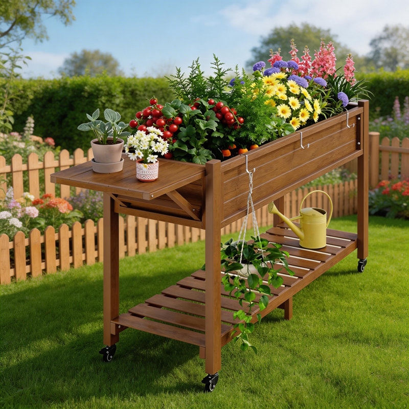 Elevated Raised Garden Bed With Legs Planter Box Stand With Storage Shelf, Teak