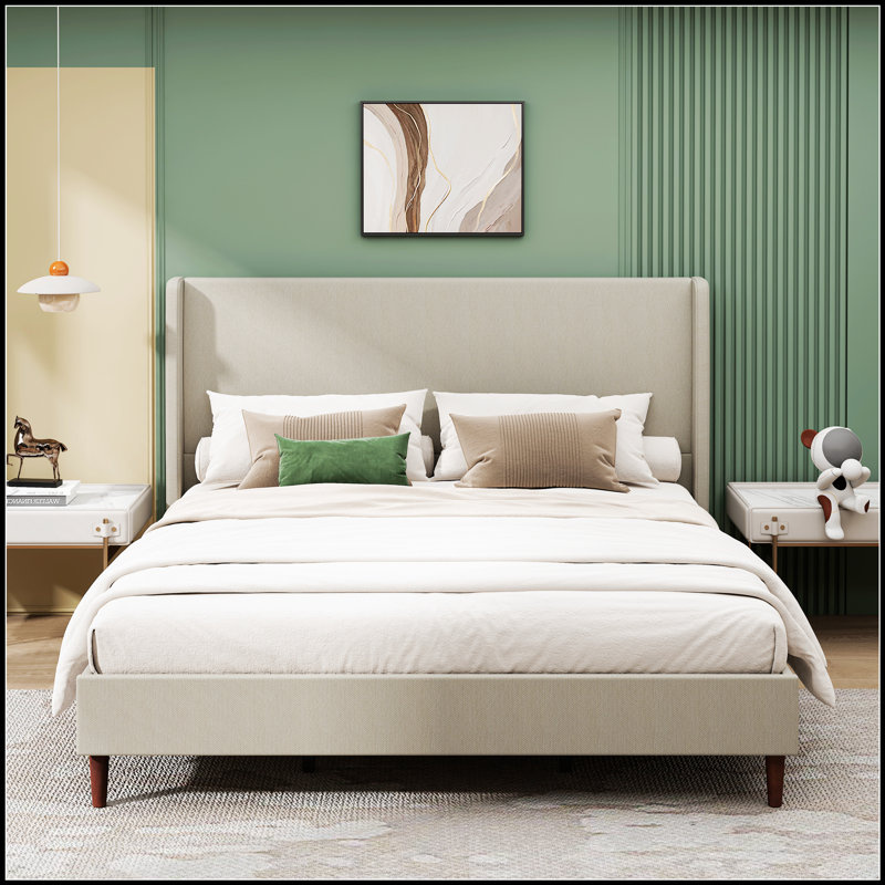 Lit moelleux à haut dossier avec support à 12 lattes, assemblage facile et revêtement en lin durable pour un confort et un style ultimes