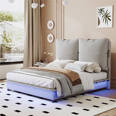 Lit plateforme tapissier moderne avec lumières DEL RVB et coussins amovibles surdimensionnés