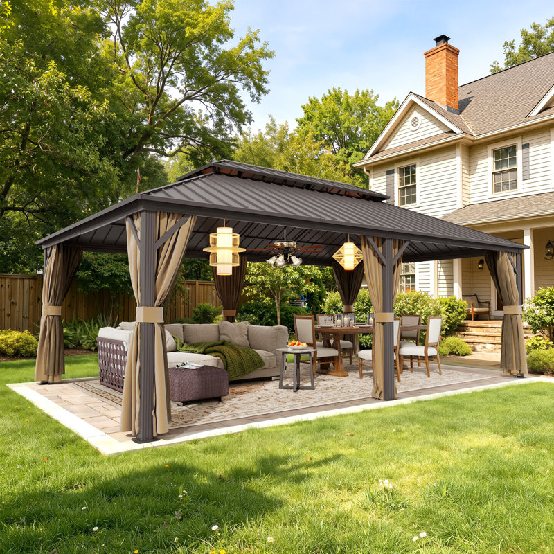 14 x 22ft Aluminum Hardtop Gazebo with Galvanized Steel Roof, Curtains & Mosquito Netting for Patio, Garden & Backyard