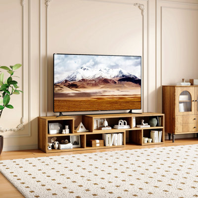 Meuble télé modulable et extensible, console multimédia en bois avec compartiments de rangement ouverts, centre de divertissement combinable et modulable, meuble télé ajustable pour salon, chambre ou appartement.