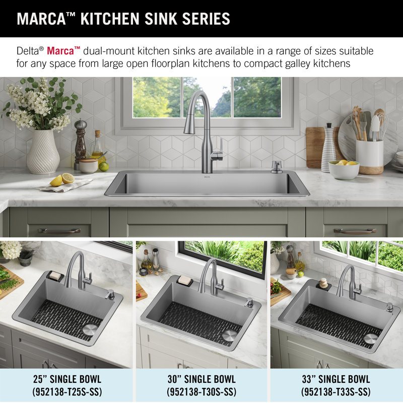 Delta Marca™ Drop-In Undermount Stainless Steel Single Bowl Kitchen Sink with Accessories, 25" L x 22" W