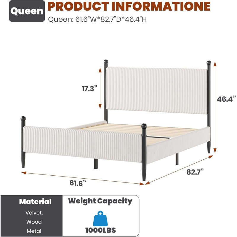 Queen Size Upholstered Bed Frame with Velvet Headboard, Soft Corduroy Fabric Platform with Wooden Slats Support & Heavy Duty Feet, No Box Spring Needed, Noise Free, Easy Assembly, White