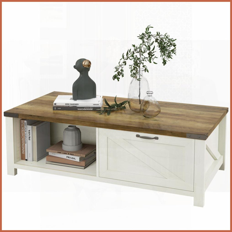 Table basse de salon rustique HOMcom - blanc, tiroir et amp; Tablettes ouvertes, peu encombrantes, Plateau brun / blanc