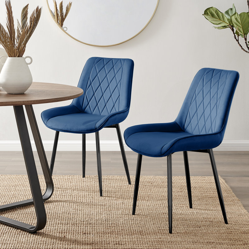 Simsbury Velvet Modern Upholstered Quilt Stitched Tapered Metal Leg Luxury Dining Chairs, Black, Navy