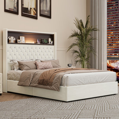 Full Size Velvet Tufted Soft Bed Frame with USB Port and Night Light,52''High Headboard with Rivet Decoration,Wing-back Platform Bed with Headboard Shelf,Beige