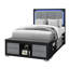 Lit double avec tiroirs de rangement, tête de lit à DEL, bibliothèque, partiellement rembourré, aucun sommier tapissier requis, rangement de style contemporain noir et gris, ressort, design