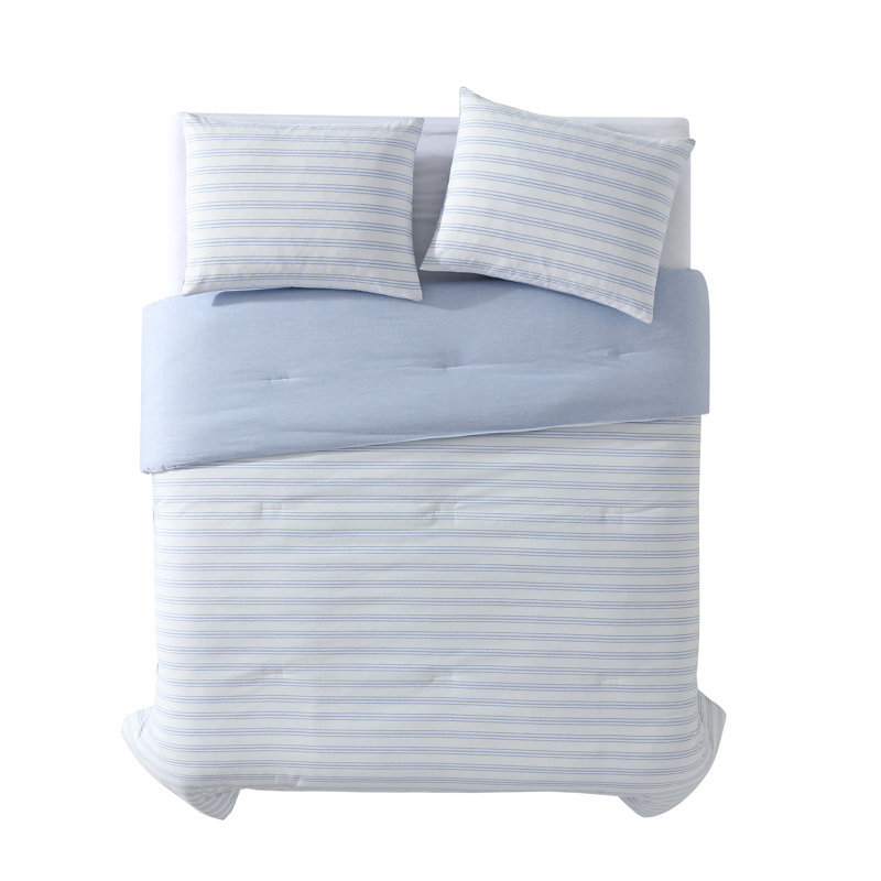Easy Eco Cotton Blend Reversible Comforter Set, Queen Comforter + 2 Shams, Blue