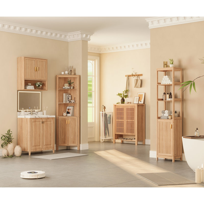 68" Tall Fluted Corner Cabinet For Bathroom, Modern Living Room & Kitchen - Adjustable Shelves, Space-saving Storage, Curved Profile Design