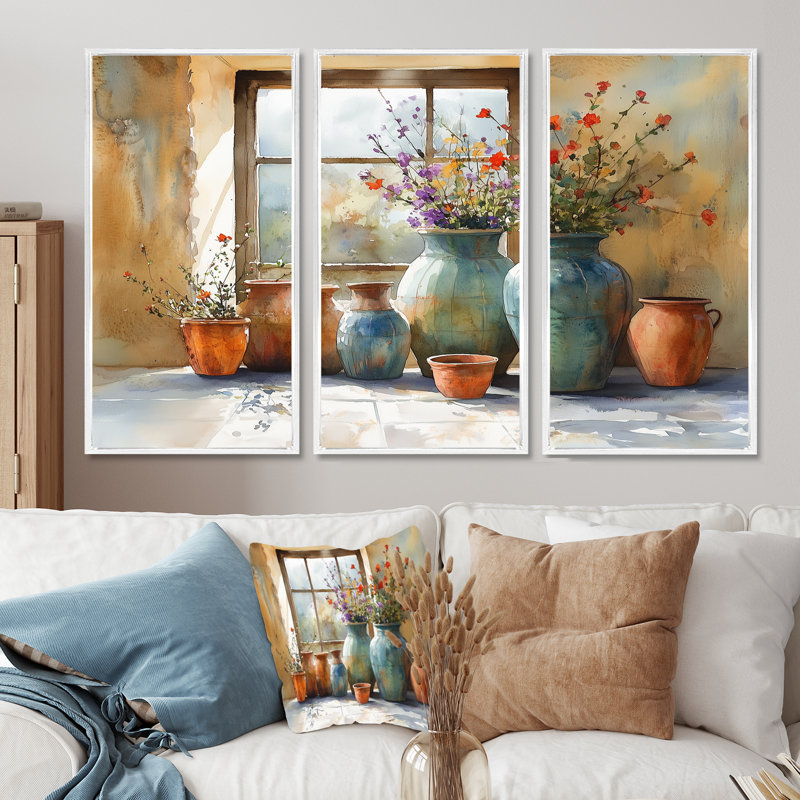 «Farm Pottery Earthy Treasures I - Boho Pottery», ensemble de reproduction d'art mural, Toile encadrée flottée blanche