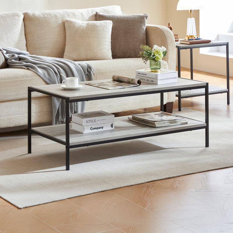 Sylvie Industrial Style Rustic Coffee Table with Metal Legs and Storage, Living Room Furniture, Grey