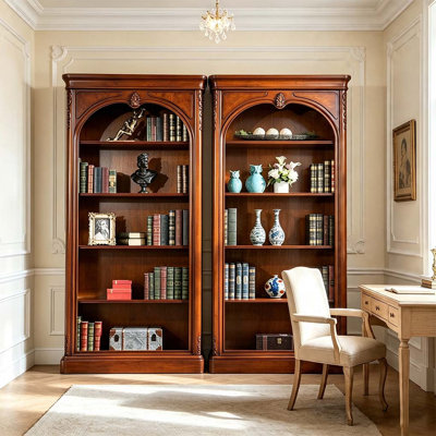 Traditional Arched Carved Solid Wood Bookcase