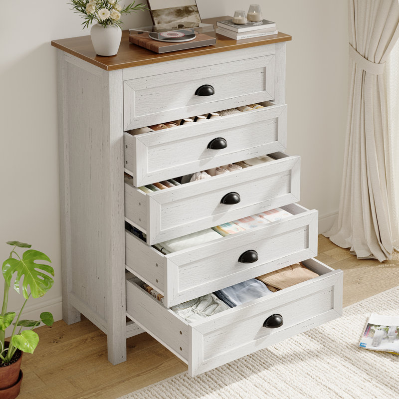 43.4" H 5- Drawer Dresser, Tall Chest Of Drawers, Closet Storage For Bedroom,White, White/Brown