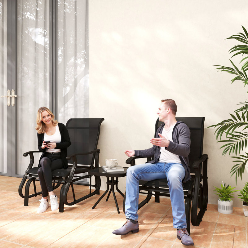 Chaises berçantes 3 pièces avec table de jardin et patio, noir