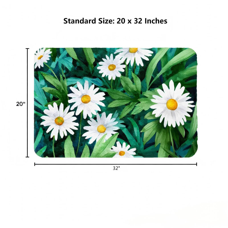 20 po x 32 po Tapis pelucheux antidérapant à motif de marguerite verte pour salle de bain, Blanc / motif floral vert