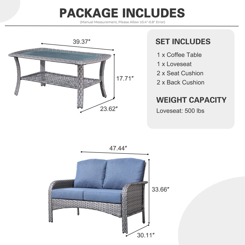 Bayview 2 - Person Patio Conversation Set with Cushions, Blue