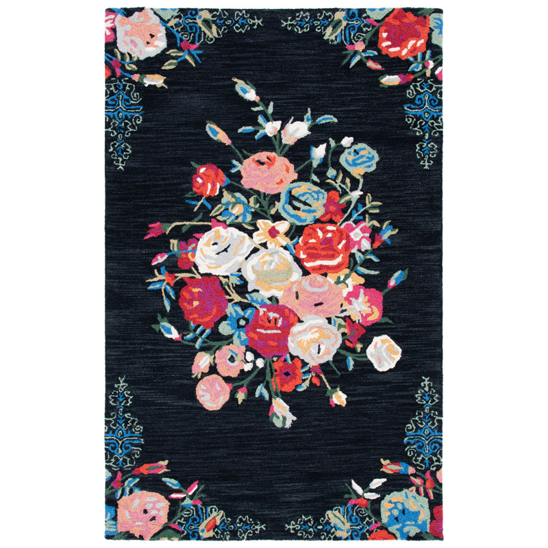 Tapis floral rouge / noir / bleu en laine / coton touffeté à la main Delmarco, Rectangle 5 pi x 8 pi