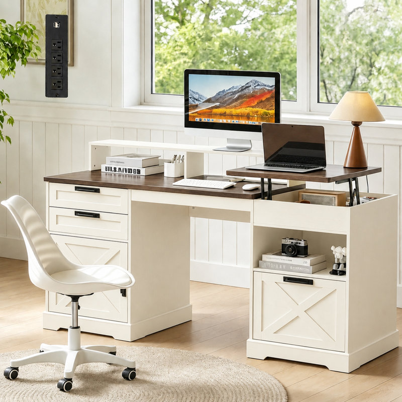 Bureau de direction 63 po Farmhouse, Blanc antique + noyer