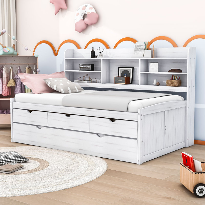 Amande Twin Wooden Captain Bed with Bookcase Headboard, Three Storage Drawers and Twin Trundle, White Wash
