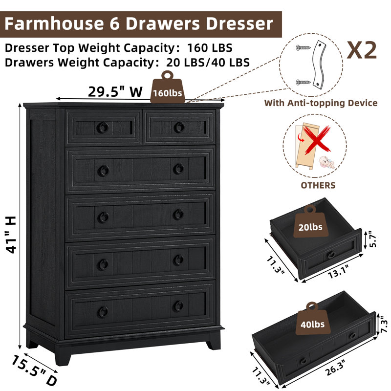Farmhouse 6 Drawer Dresser For Bedroom, 41" Tall Small Dressers & Chest Of Drawers, Rustic Wood Dresser With Metal Handle, Storage Organizer Closet For Living Room, Hallway, Entryway