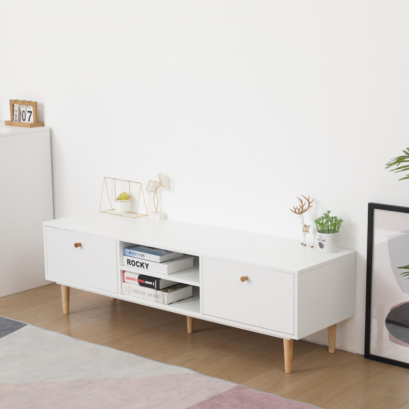Meuble télé 2 tiroirs avec pieds en bois massif, H 16,93 po x L 56,3 po x l 15,75 po
