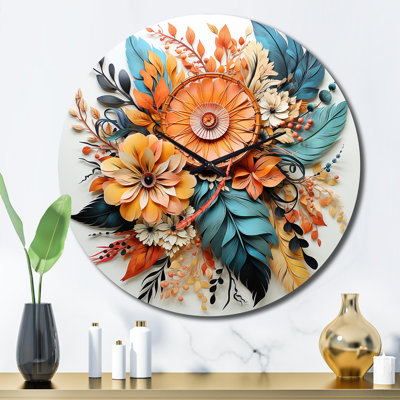 Horloge murale orange fleurs de bohème orange et plumes bleues