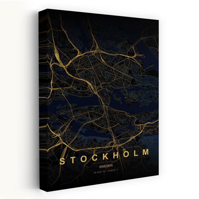 Golden Stockholm Map Modern Abstract City Landscape Wall Art Print 1 Piece Wrapped Canvas Wall Art, 91.44cm H x 60.96cm W