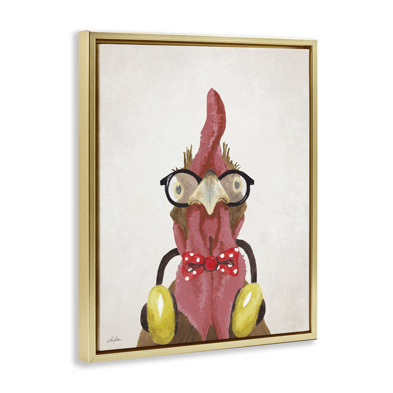 Hipster, oiseau et écouteurs, art mural encadré noir par Lee Keller, Cadre flottant métallique doré, H 31 po x l 25 po