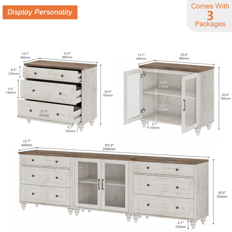 Sideboard Buffet Cabinets With 2-Glass Door, 3-In-1 Kitchen Storage Cabinets, Wood Coffee Bar Tables With Adjustable Shelf & 6 Drawers For Dining Room, Living Room, Bedroom, Rustic White