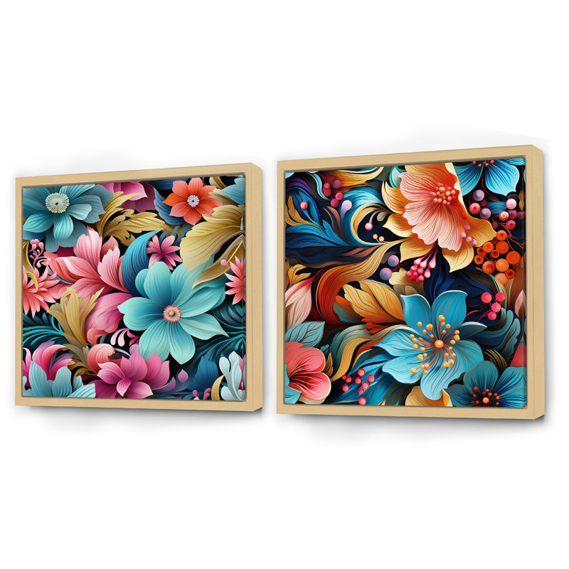 Hibiscus éclectique Fusion Frenzy - Ensemble de 2 collages floraux carrés, Cadre flottant brun, H 30 po x l 61 po
