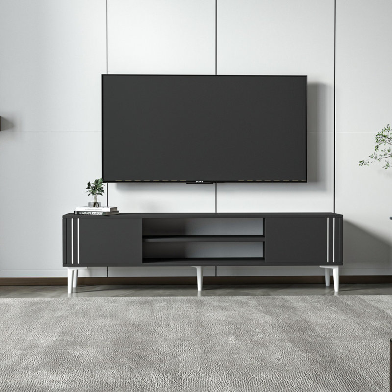 Meuble télé moderne en anthracite de 55,1 po x 17,6 po x 11,6 po | 100% panneau de particules enduit de mélamine, épaisseur: 0,7 pouce | Conception élégante et durable pour le salon, assemblage facile, parfait pour tout décor