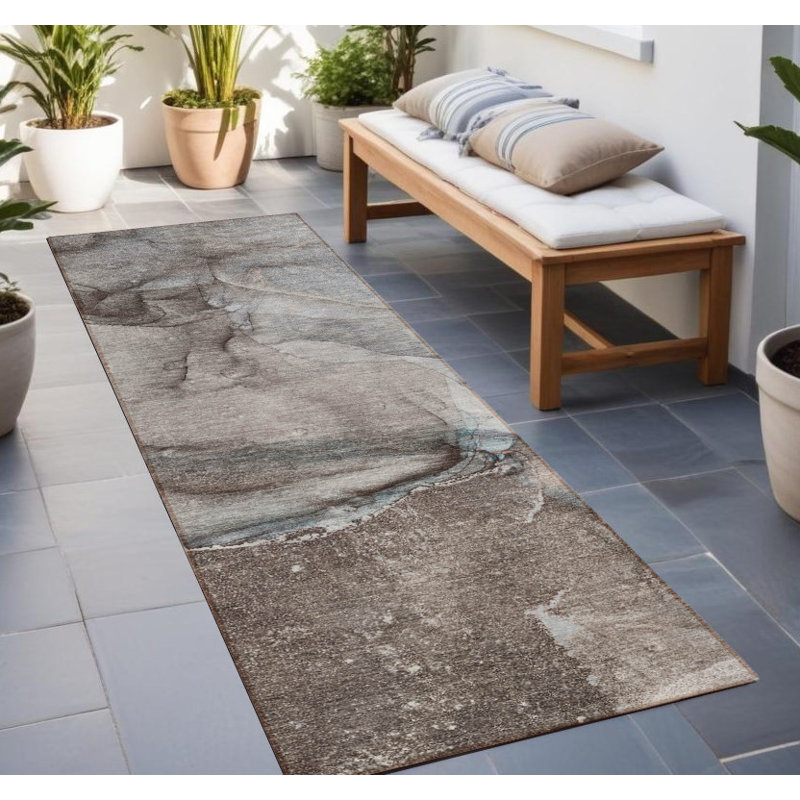 2' X 8' Taupe Abstract Washable Indoor Outdoor Runner Rug